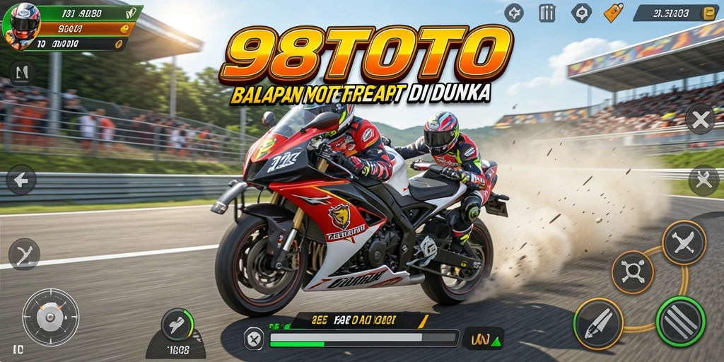 Screenshot utama 98TOTO menunjukkan balapan motor yang mendebarkan.