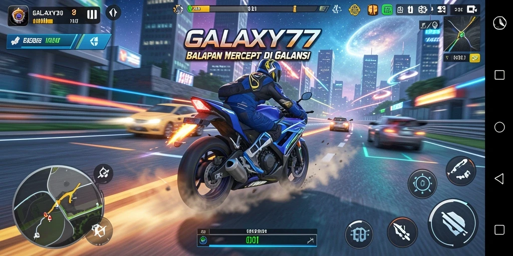 Tampilan gameplay menegangkan saat balapan motor di GALAXY77.