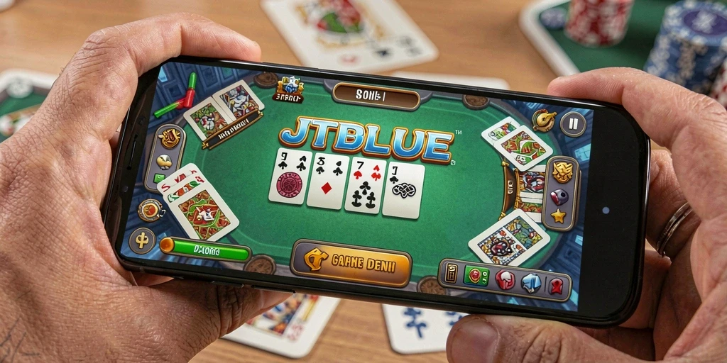 Screenshot JTBLUE menunjukkan gameplay domino yang seru dan penuh tantangan.