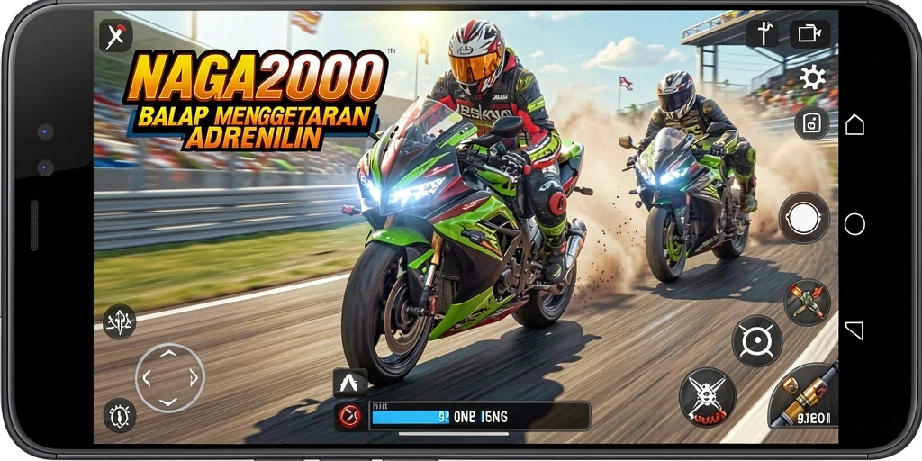 Screenshot NAGA2000 menampilkan aksi balap motor yang mendebarkan.