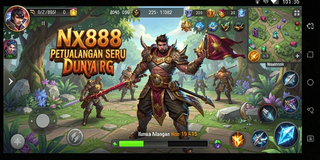 Screenshot utama NX888 menunjukkan aksi pertarungan yang mendebarkan di dunia fantasi.