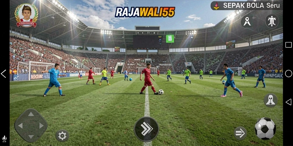 Tampilan gameplay mendebarkan di RAJAWALI55 menunjukkan aksi sepak bola yang intens.