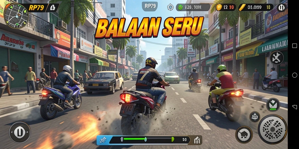 Tampilan gameplay RP79 dengan aksi balapan yang seru dan kontrol yang responsif.