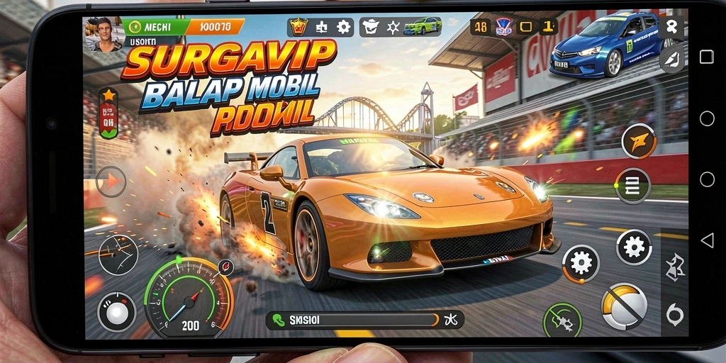 Tampilan seru dari gameplay balap SURGAVIP yang penuh aksi.